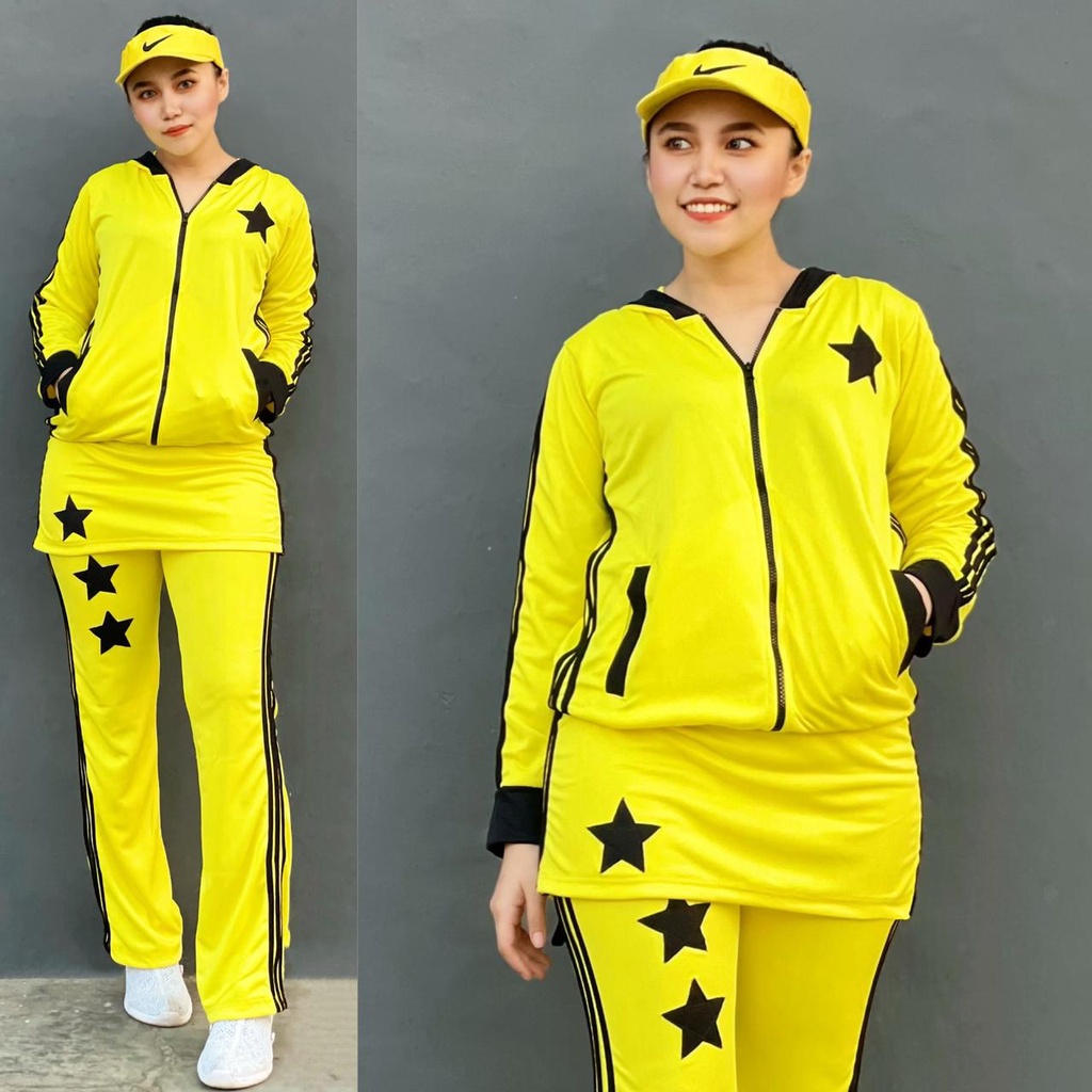 Set Olahraga Rok Bintang Kuning List Hitam Setelan Senam Aerobic Baju Zumba Gowes Cycling Running St