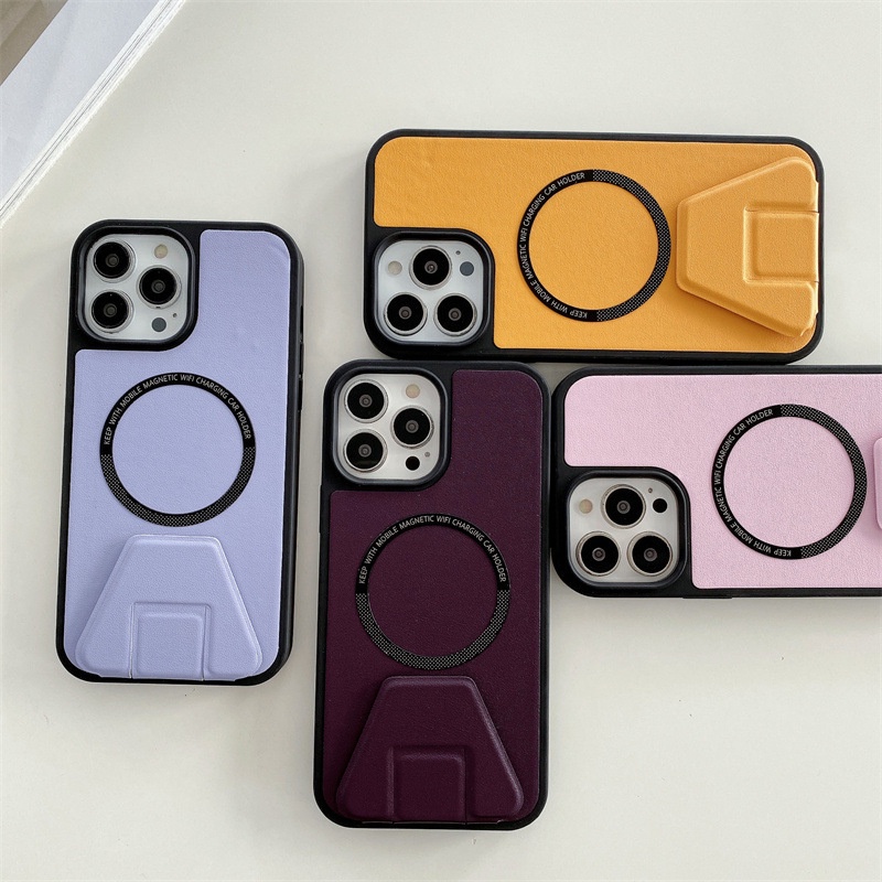 IPHONE Casing Pelindung Ponsel Stand Lipat Cocok Untuk Iphone14Plus Casing Ponsel Kulit Polos Iphone11 12 13 14 Pro max Silikon Wireless Magnetic Suction Magsafe