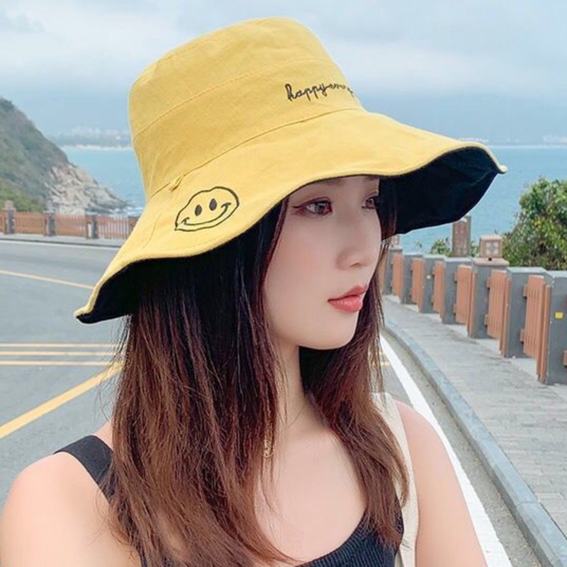 Topi Nelayan Dua Muka Tersenyum Fashion Pasang Versi Korea Tabir Surya