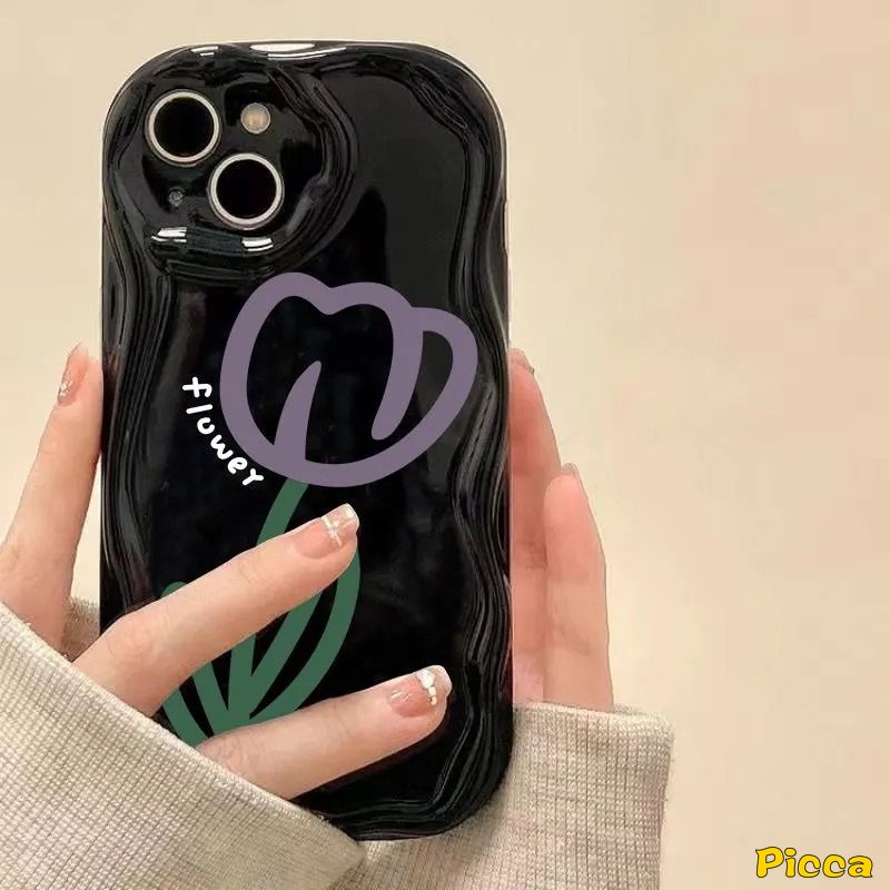 Casing Bunga Keberuntungan Retro Hitam Untuk Realme C53 C15 C33 C35 C3 C25 C21 C55 5 9i 5i 7i 6i 5s C31 C21Y C17 C25s C25Y C12 C11 C20 C30 Fashion Bunga Tulip 3D Wavy Curved Edge Cover