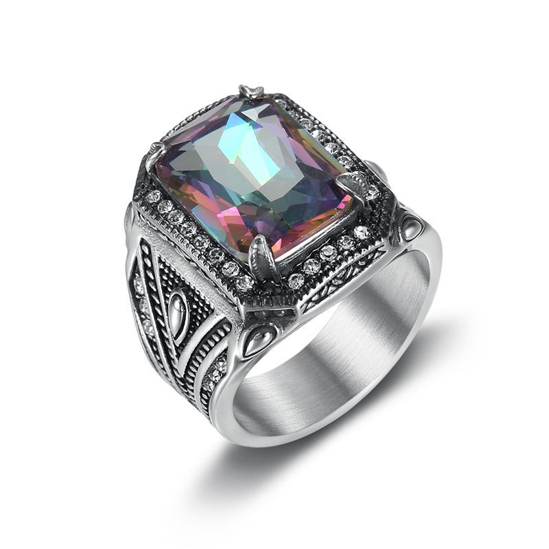 Mewah Kristal Zirkon Perak Baja Titanium Pria Punk Fashion Perhiasan Pernikahan Pertunangan Rings