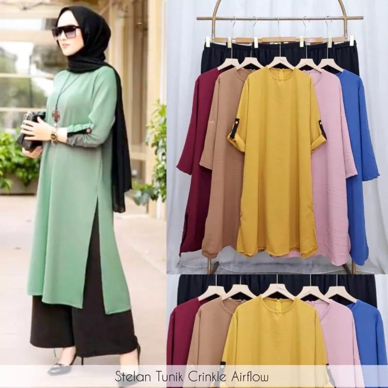 MEGA SET LONG TUNIK CRINKLE AIRFLOW LD 110-115  ONE SET YAMAN CELANA SETELAN POLOS TUNIK JUMBO // SE