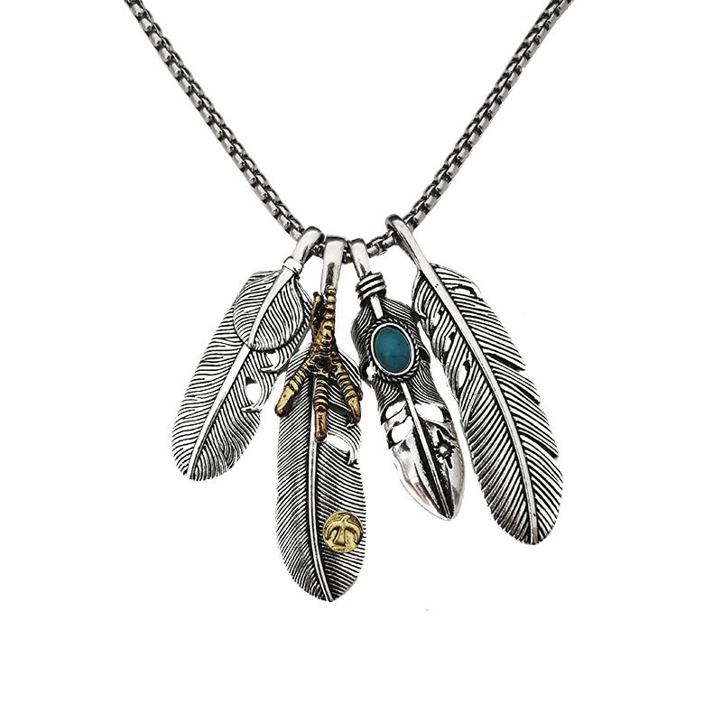 925 Sterling Silver Retro Takahashi Turquoise Feather Thai Silver Kalung Liontin All-Match Pria Wanita Gaya Sw