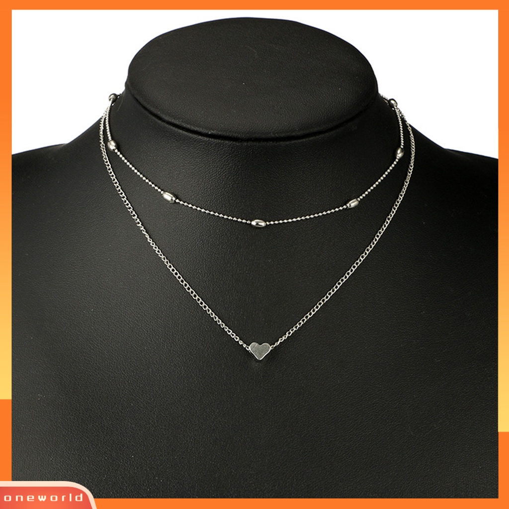 [ONE] Liontin Hati Lapisan Ganda Wanita Kalung Alloy Beads Adjustable Choker Necklace Perhiasan Aksesori