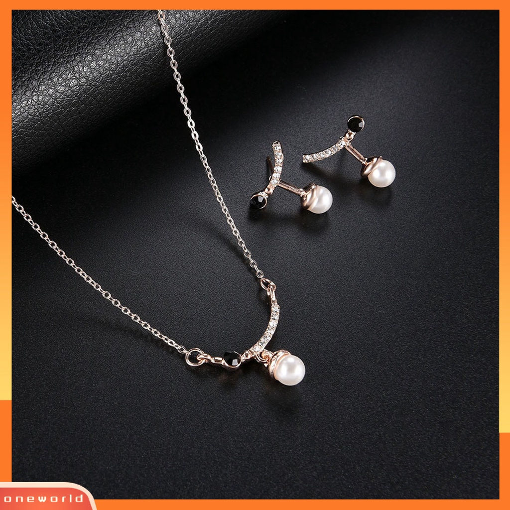 [ONE] 1set Set Perhiasan Geometris Mutiara Imitasi Berlian Imitasi Electroplating High Gloss Dekorasi Hypoallergenic Aksesoris Pengantin Kalung Anting Set Perhiasan Aksesori