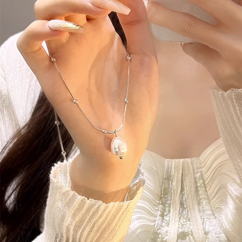 Roselife Vintage Baroque Perak Manik-Manik Rantai Besar Tidak Teratur Mutiara Liontin Kalung Untuk Wanita Gadis Elegan Tulang Selangka Rantai Kalung Perhiasan Aksesoris