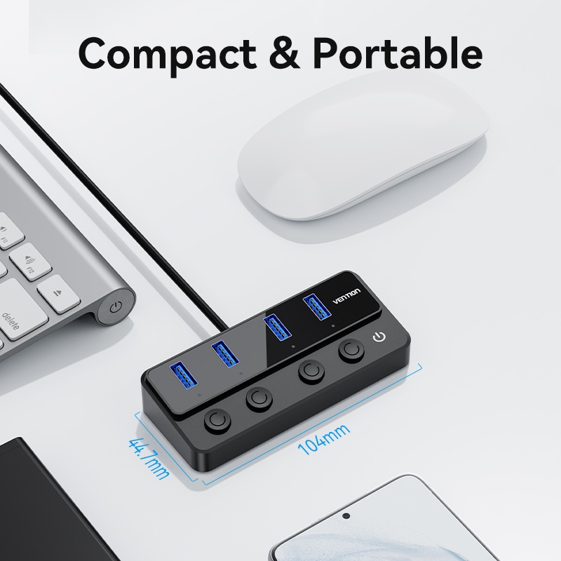 Vention 5In1 USB 3.0 Multi Port USB HUB Dengan Saklar Daya Individu USB-C 5Gbps Smart Charging Port USB C Adapter