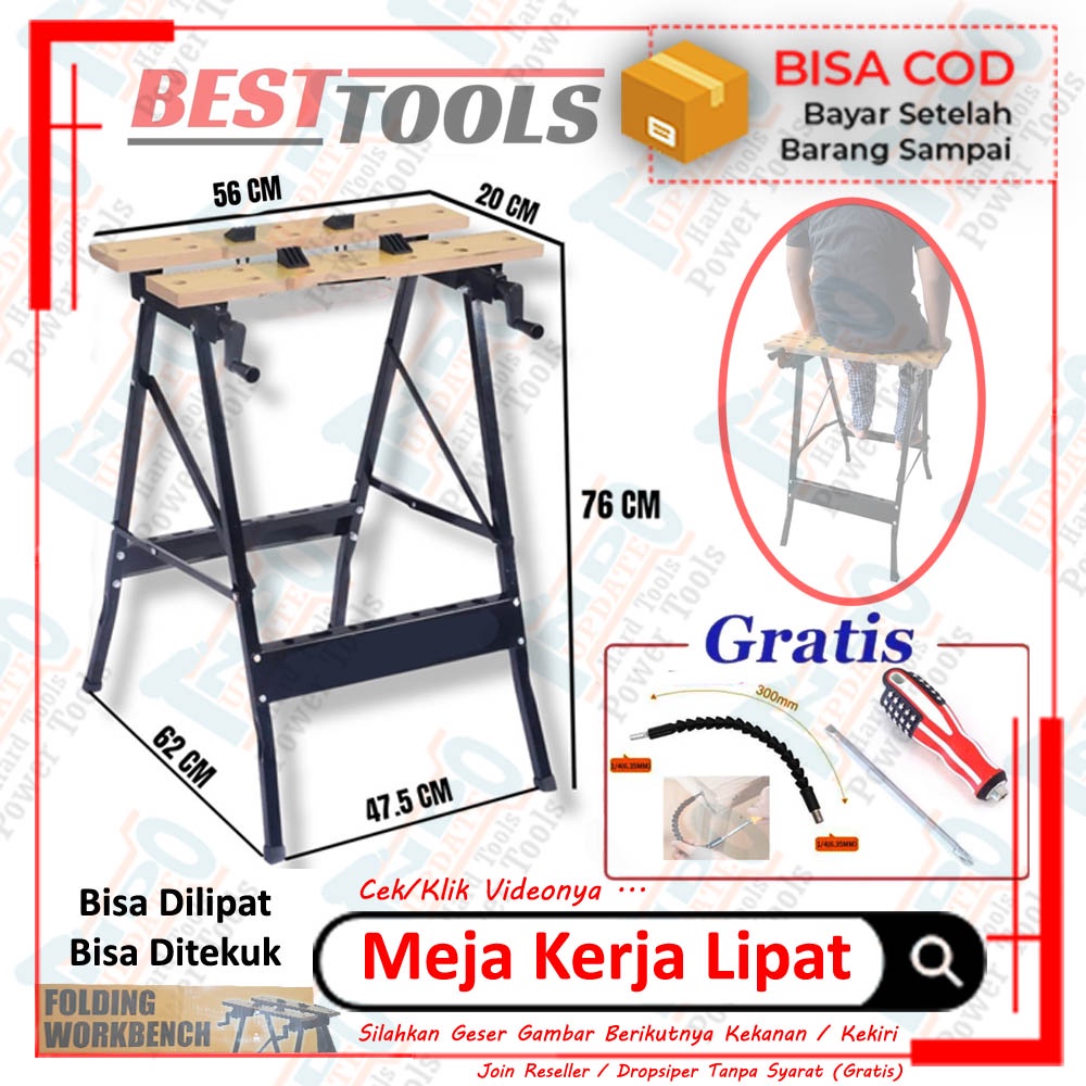 TERJAMIN !!Bestt Folding Work Bench / Workbench Meja Kerja Kayu Portabel Pertukangan Foto Studio Barang Perkakas Lengkap Dengan Penggaris