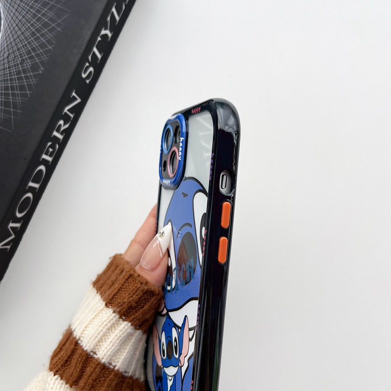 All New Cream Non-slip Camera Protect Soft Case IPhone X XR XS Max 11 12 13 14 Pro Max Women Girl Pretty Cute Blue STITCH Cartoon Phone Case