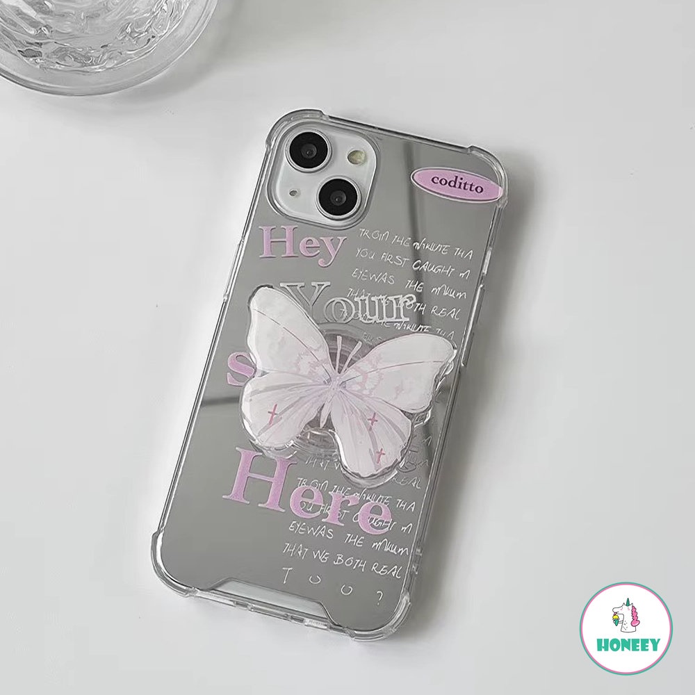 Ins Pink English Mirror Phone Case Untuk iPhone 14 Pro Max11 12 13 Pro Max XS XR 8 7plus Butterfly Stand Anti-Shock Back Cover