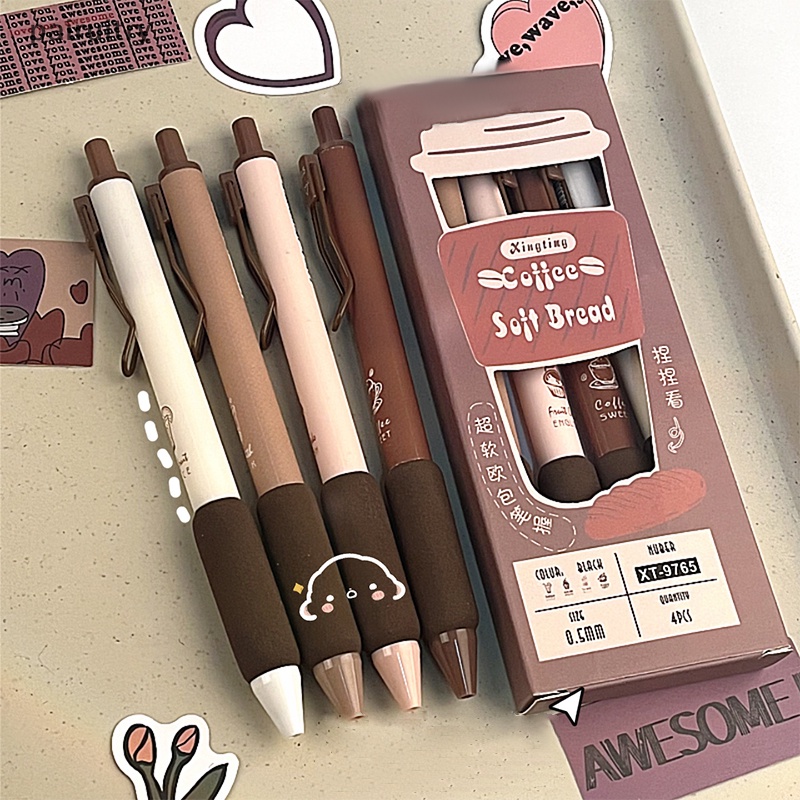 Prt 4pcs Coffee Soft Bread Gel Pen Set 0.5mm Tinta Warna Hitam Untuk Wrig Perlengkapan Alat Tulis Kantor Sekolah PRT