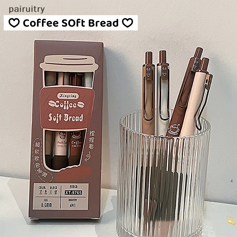 Prt 4pcs Coffee Soft Bread Gel Pen Set 0.5mm Tinta Warna Hitam Untuk Wrig Perlengkapan Alat Tulis Kantor Sekolah PRT