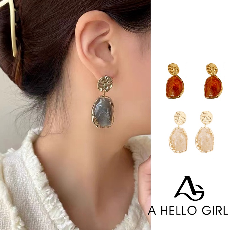 Ahellogirl Korea Retro Istana Gaya Resin Geometris Anting-Anting Wanita Baru Berlebihan High-end Ringan Mewah S925 Perak Jarum Anting Tren