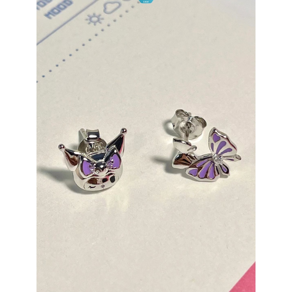 Sanrio Kuromi Warna Perak Kupu-Kupu Zirkon Studs Earrings Desain Tiga Dimensi Double Layer Wing Earrings Perhiasan Wanita [ZK]