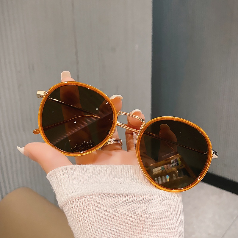 (YUZHU) Vintage Bingkai Bulat INS Gaya Kacamata Hitam Korea Fashion Bingkai Logam Kerai Sunglasses Untuk Wanita