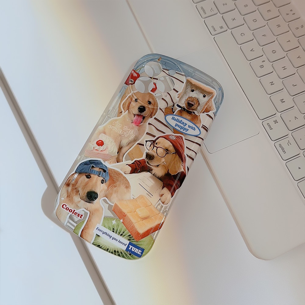 IPHONE Lucu Golden Retriever Anjing Anjing Bulat Pelindung Lensa Kamera Shockproof Phone Case IMD Cover Untuk Iphone11 12 13 14 PLUS PRO MAX
