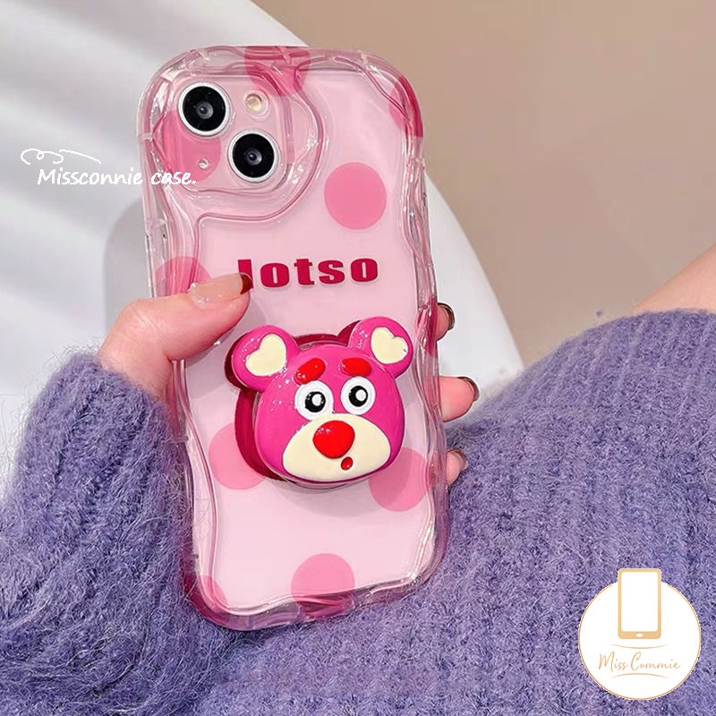Titik Gelombang Kartun Strawberry Bear Case Untuk Realme C15 C35 C55 C25Y C53 C17 C20A 7i 5i 6i 9i 5 5s C33 C12 C21Y C3 C30 C21 C25s C11 C25 C20 C31 Casing Tepi Bergelombang Melengkung 3D Dengan Bracket