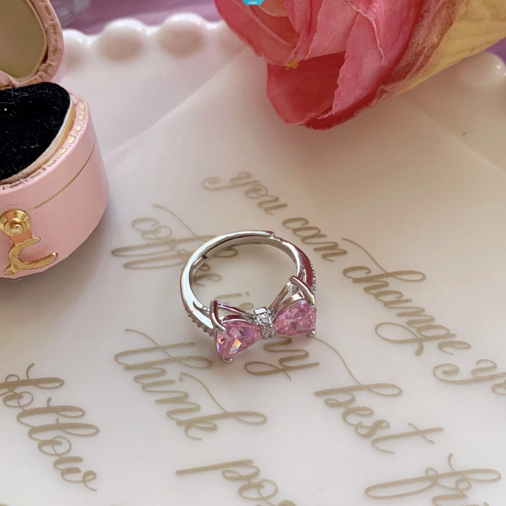 Elegan Pink Kristal Bunga Pernikahan Untuk Wanita Dainty Bride Unadjustable RingsBow Tie Zirconia Rhinestone Engagement Ring [ZK]