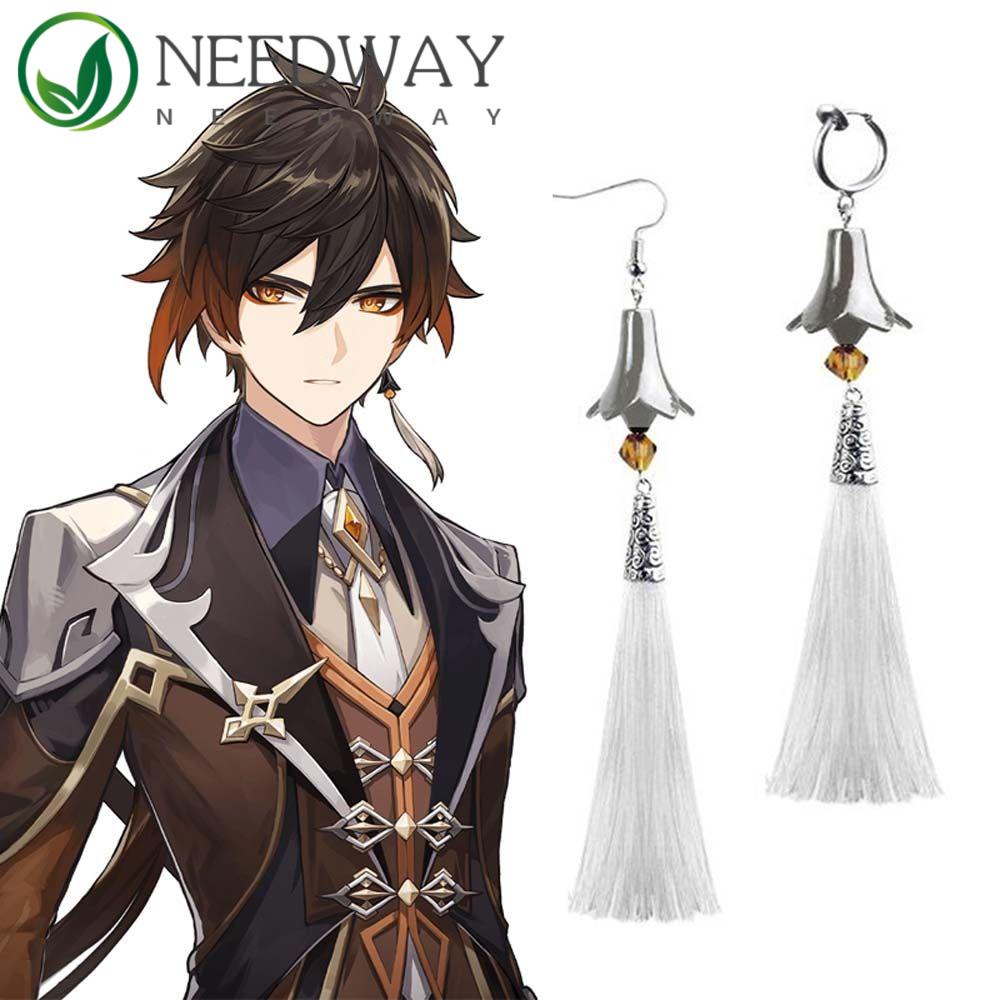 Needway   Genshin Impact Pendant Alloy Panjang Rumbai Cosplay Anting Perhiasan Peripheral Earrings Zhongli Telinga Klip