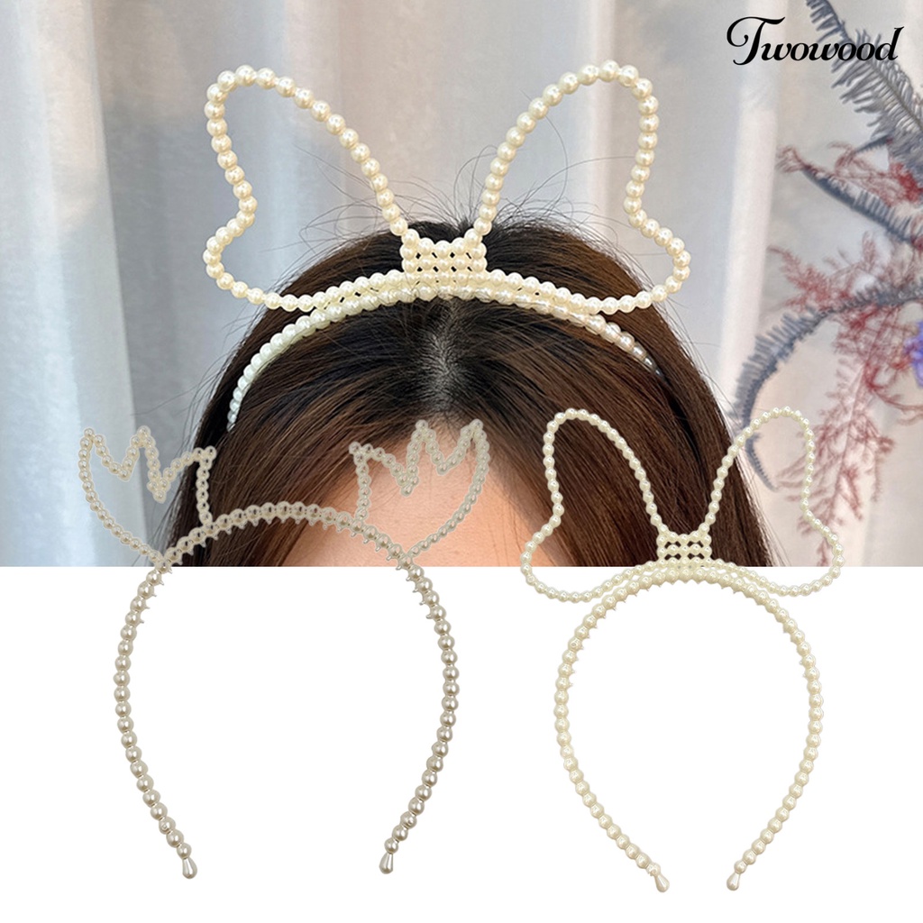 Twowood Wanita Bando Tanduk Mutiara Imitasi Busur-Simpul Dekorasi Berongga Keluar Warna Solid Hiasan Rambut Narrow Band Elastis Lady Hair Hoop Aksesoris Rambut