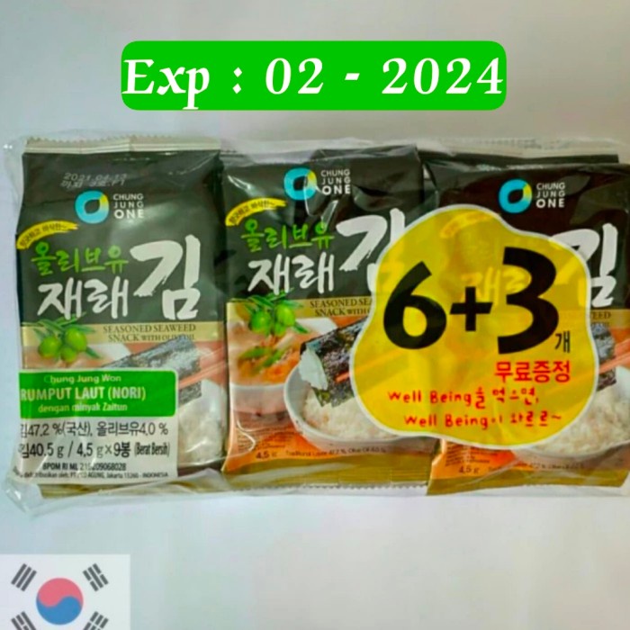 

Bisa COD~Promo Spesial Chung Jung One Seaweed 6+3 Rumput Laut (Nori) Olive Oil Korea 9x4,5g