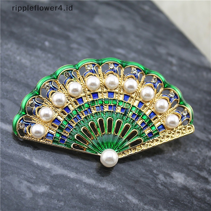 {rippleflower4.id} Fashion Vintage Menetes Minyak Enamel Kipas Bros Bertabur Berlian Mutiara Bros Pin Korsase Antik Pakaian Perhiasan Syal Gesper~