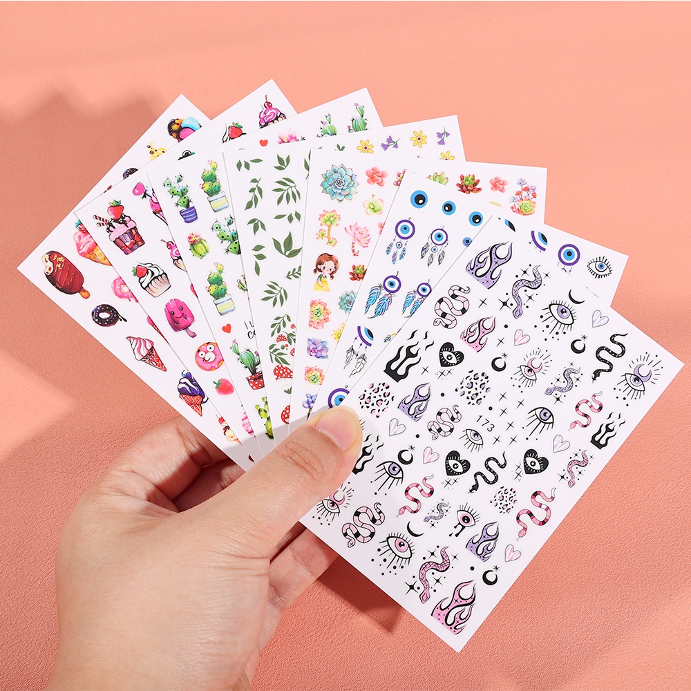 [Unggulan] 1pc Self-Adhesive 3D Tanaman Kuku Decals Ins Musim Semi Musim Panas Kaktus Serangga Kuku Stiker Warna-Warni Es Krim Manicure Decor DIY Nail Art Aksesoris Kuku Alat Kuku