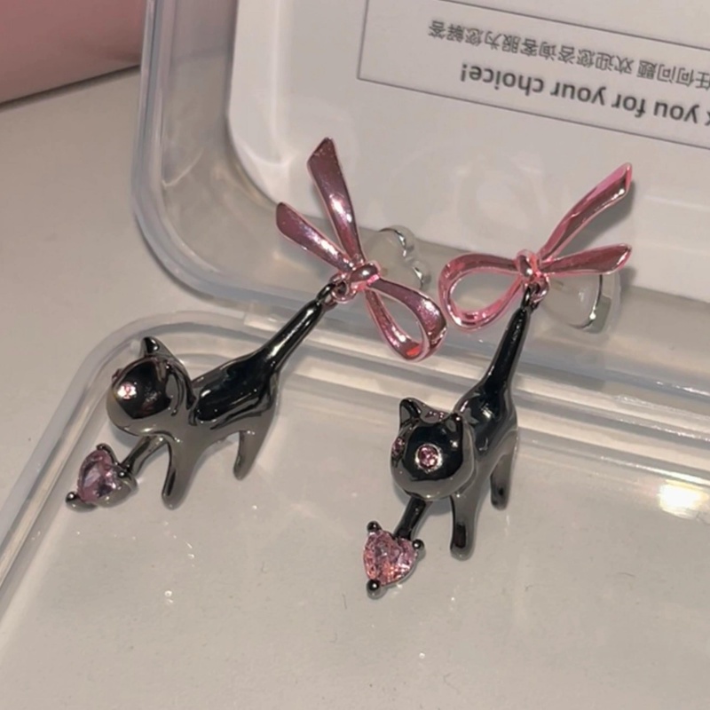 [Unggulan] Wanita Lucu Drop Earrings Kucing Hitam Menjuntai Anting-Anting Vintage pink Berlian Busur Liontin Anting-Anting INS Gaya Sederhana Studs Earrings Sweet cool Ear Jewelry Accessories