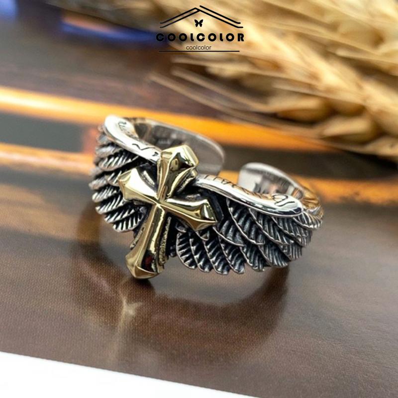 COD❤️Cincin Pria Vintage Wings Cross Grafiti Surat Terbuka Cincin Pribadi- cl