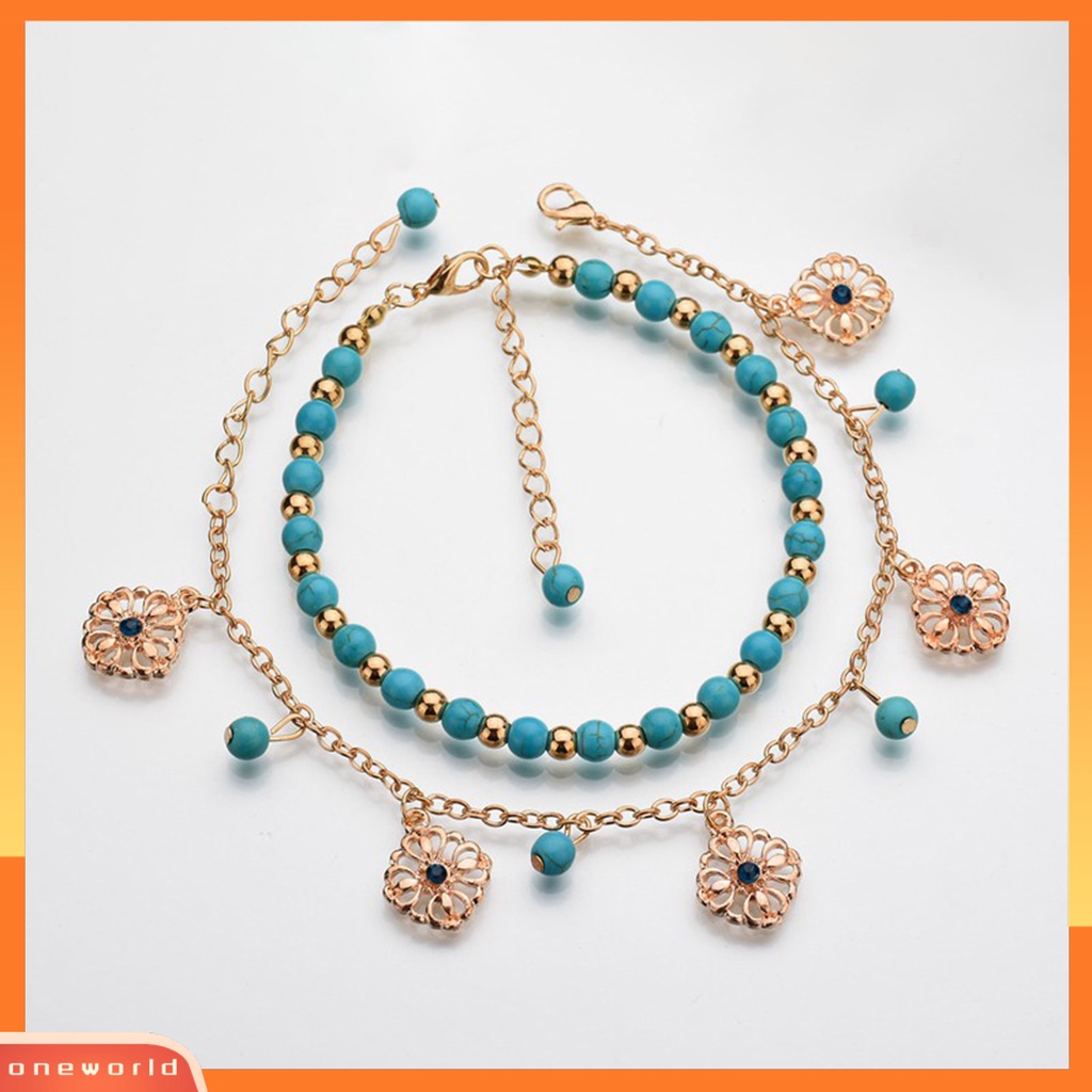 [WOD] 2pcs /Set Gelang Kaki Kristal Imitasi Adjustable Alloy Bohemian Faux Turquoise Bead Gelang Kaki Pantai Untuk Pantai