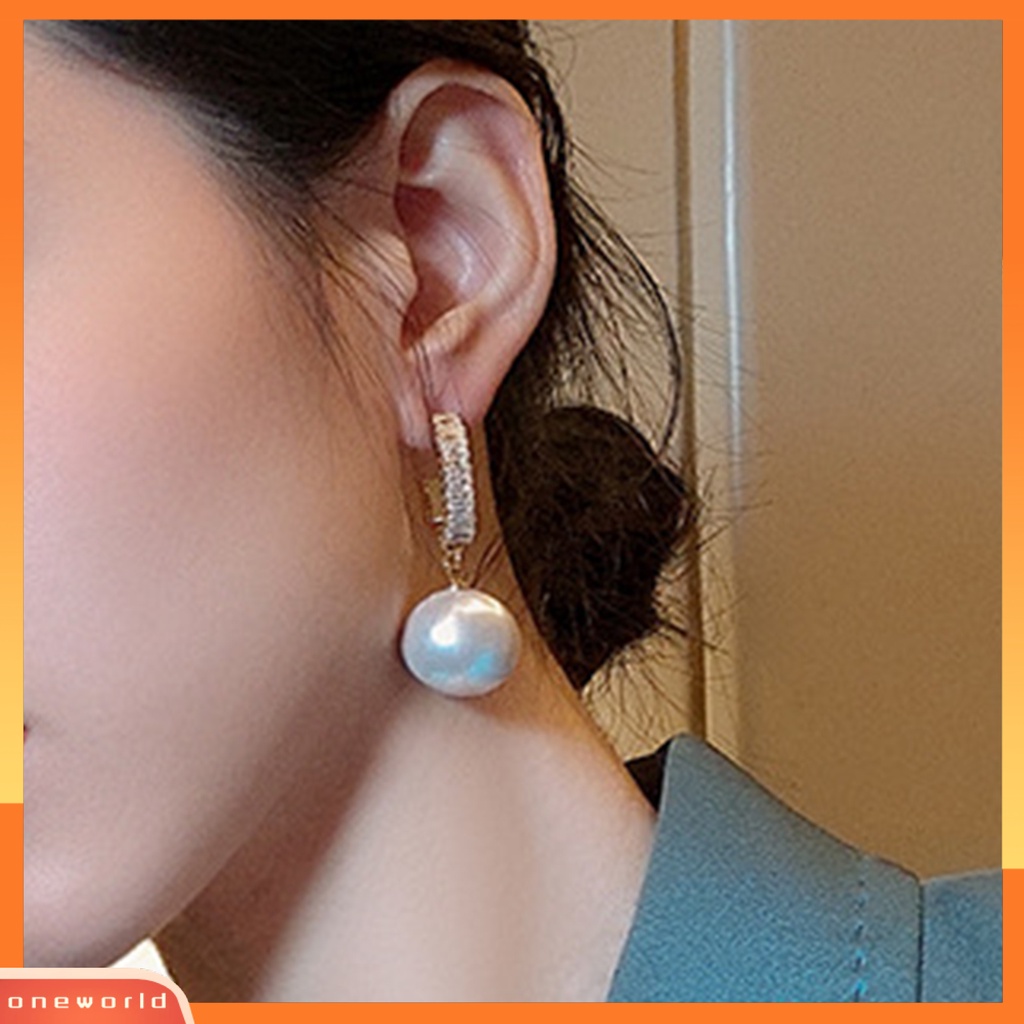 [WOD] 1pasang Anting Menjuntai Cubic Zircon Piercing Korea Fashion Mutiara Imitasi Wanita Besar Liontin Menjuntai Earrings Untuk Pesta