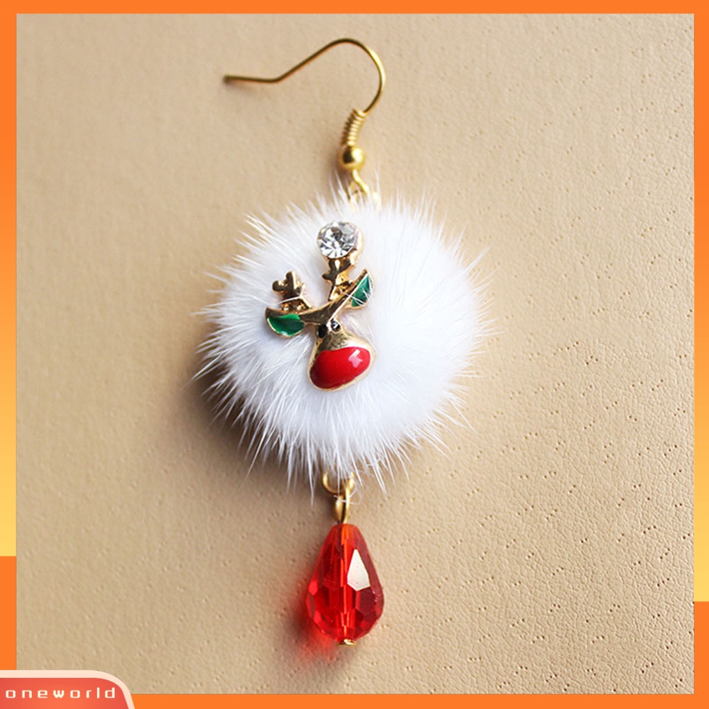 [WOD] 1pasang Putih Mewah Bola Merah Berlian Imitasi Xmas Anting Alloy Santa Claus Elk Pendant Hook Earrings Fashion Perhiasan