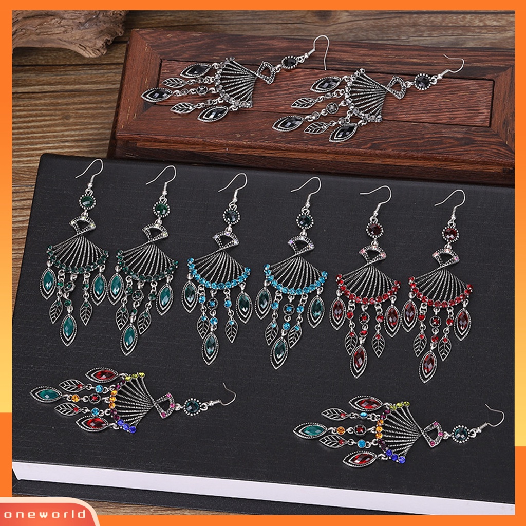 [WOD] 1pasang Anting Menjuntai Bohemian Retro Gaya Etnik Rumbai Panjang All-match Dekorasi Kristal Imitasi Wanita Berongga Berbentuk Kipas Drop Earrings Perhiasan Hadiah Untuk Pacaran