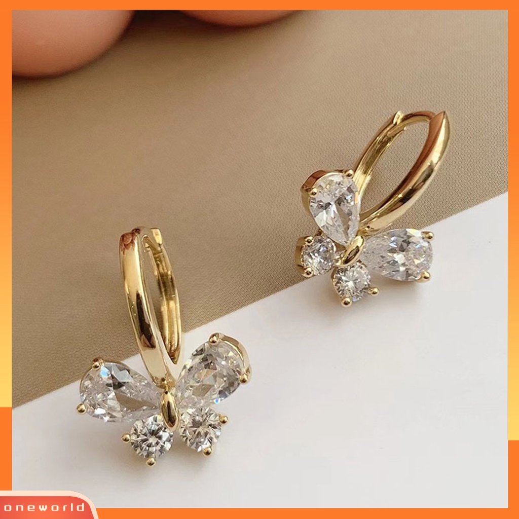 [WOD] 1pasang Anting Hoop Shiny Cubic Zirconia Temperamen Geometris Electroplating Hias Hadiah Wanita Kupu-Kupu Liontin Anting Perhiasan Fashion Untuk Perjamuan