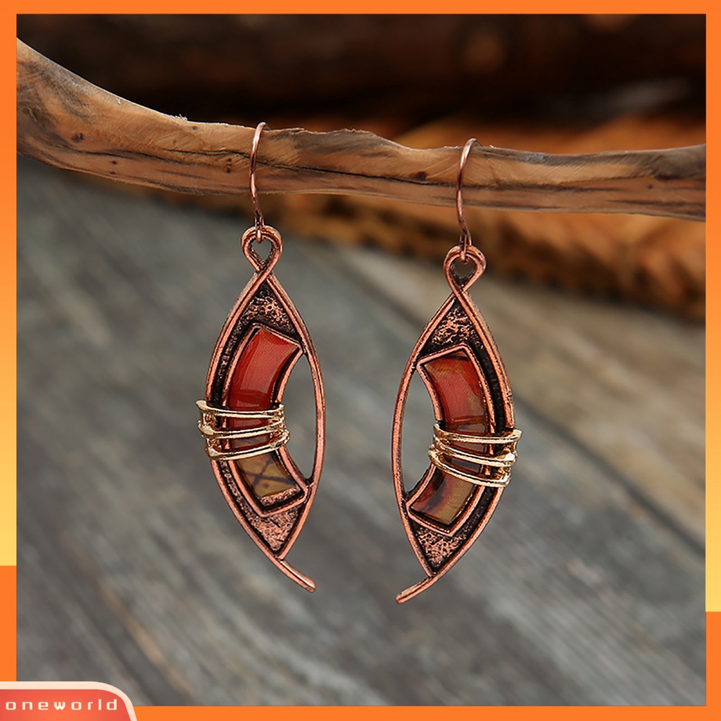 [WOD] 1pasang Orange Batu Tindik Drop Earrings Kulit-Menyentuh Patchwork Warna Berongga Asimetris Kait Anting Perhiasan Aksesoris