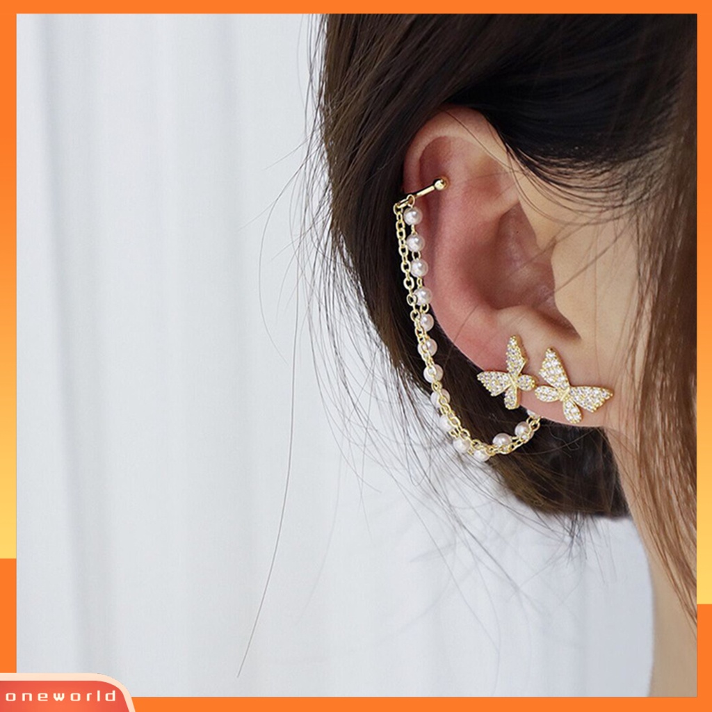 [WOD] 2pcs/set Lady Klip Telinga Bentuk Kupu-Kupu Berlian Imitasi Hias Supper Shiny Individual Stud Earrings Untuk Prom