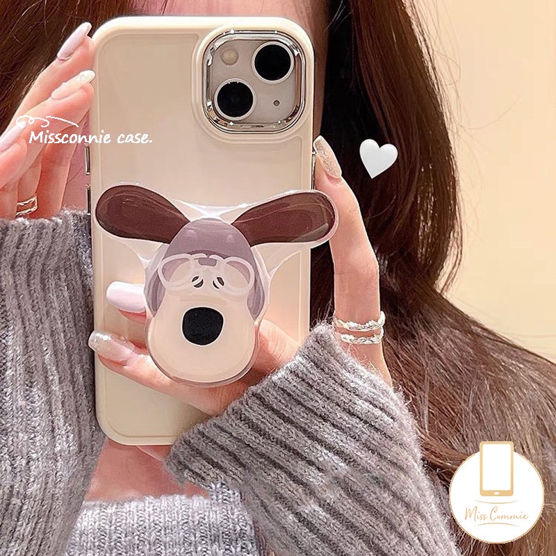 IPHONE Case Bingkai Lensa Logam Plating Warna Solid Sederhana Kompatibel Untuk Iphone7 8 Plus11 14 12 13 Pro MAX X XR XS MAX Soft Cover Dengan Beruang Lucu Puppy Pisang Kentang Goreng Bracket Aksesoris