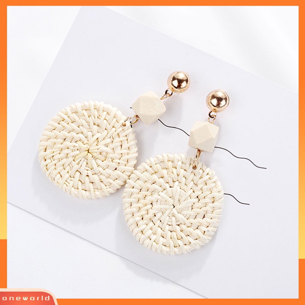 [WOD] Bohemian Pantai Anyaman Rotan Bulat Drop Statement Wanita Stud Earrings Perhiasan