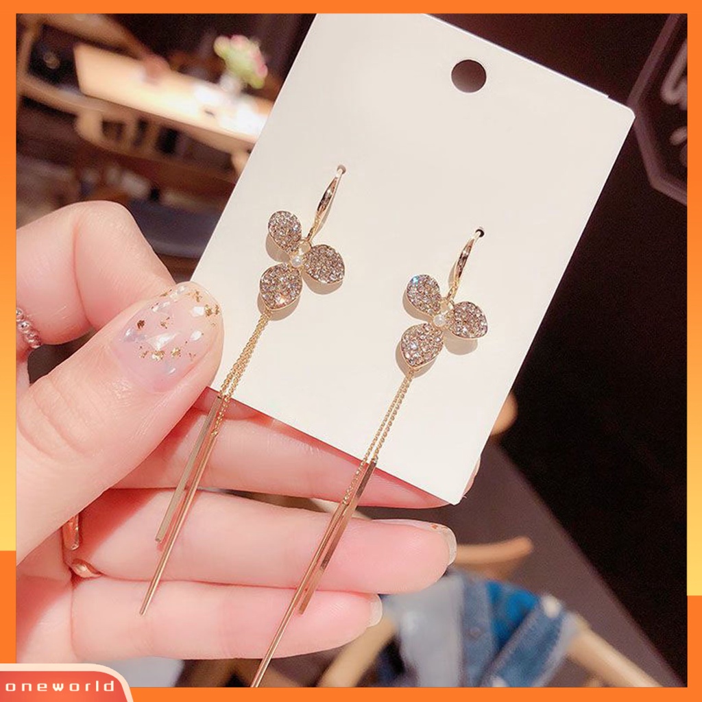 [WOD] 1pasang Anting Wanita Tiga Daun Kelopak Anti Karat Chic Cewek Anting Rumbai Panjang Untuk Harian