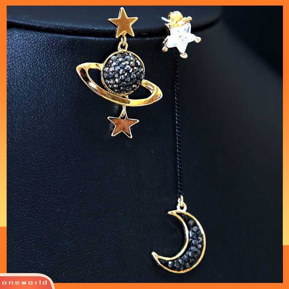 [WOD] Asimetris Rumbai Bulan Bintang Planet Berlian Imitasi Hias Wanita Stud Earrings Hadiah