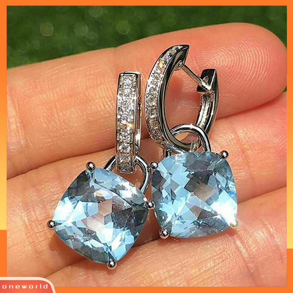 [WOD] 1pasang Wanita Stud Earrings Square Pendant Cubic Zirconia Perhiasan Berlian Imitasi Bersinar Anting Untuk Pakaian Sehari-Hari