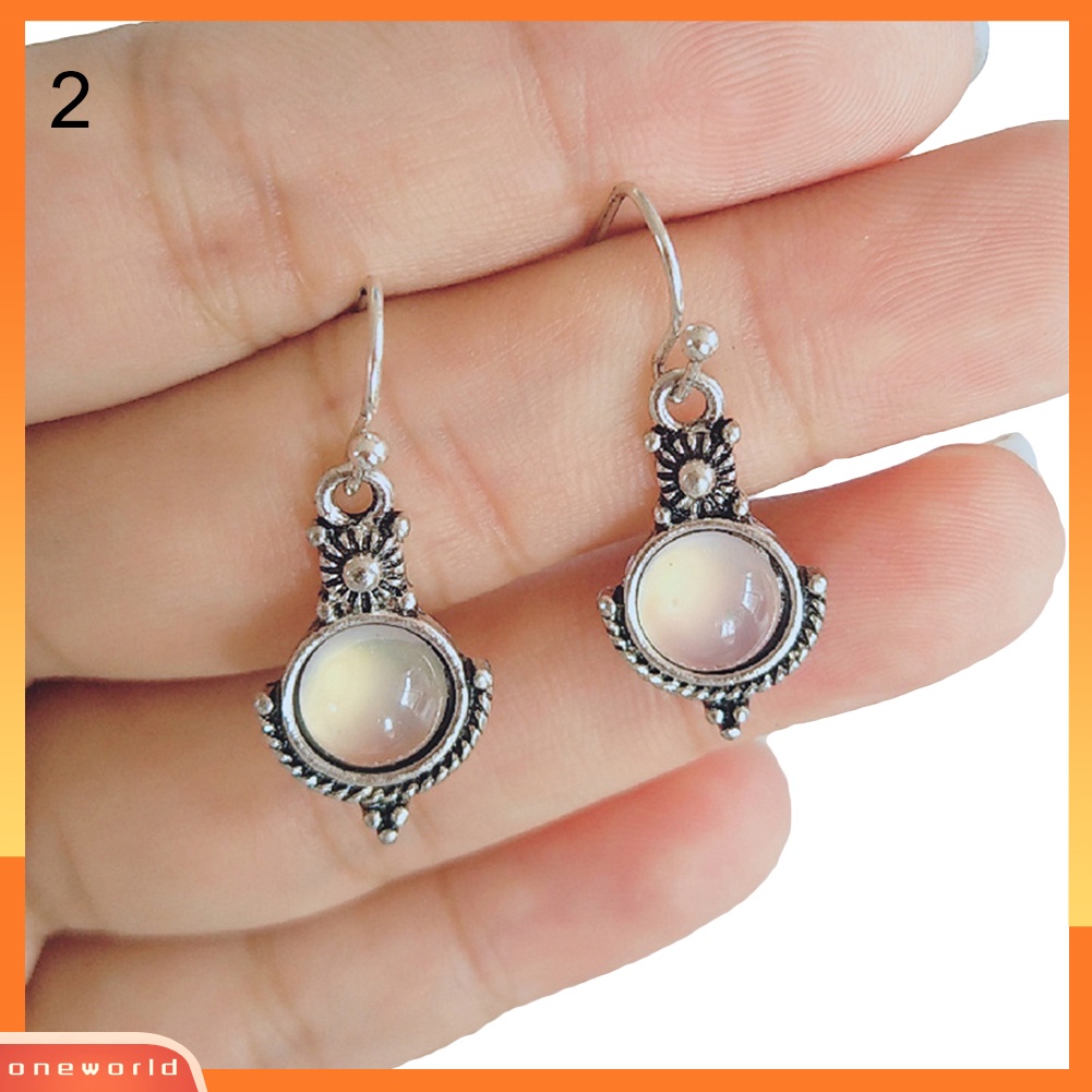 [WOD] Vintage Wanita Faux Moonstone Hollow Bulat Menjuntai Kait Anting Perhiasan Hadiah