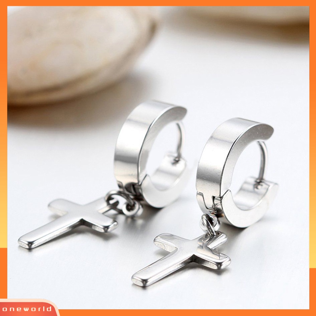 [WOD] 1pasang Ear Dangle Cross Pendant Anting Hoop Berengsel Huggie Stainless Steel Ramah Lingkungan Untuk Pria