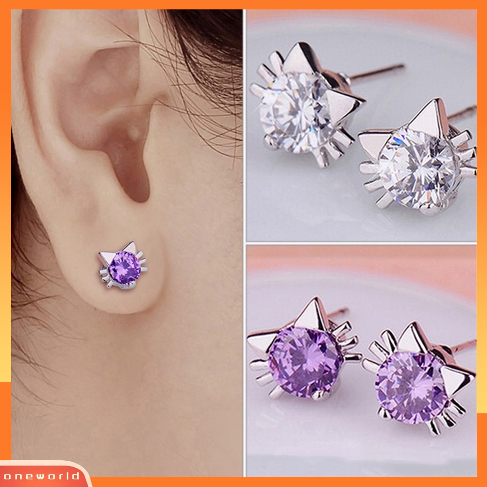 [WOD] Lucu Wanita Cubic Zirconia Hias Bentuk Kucing Telinga Stud Anting Pesta Perhiasan Hadiah