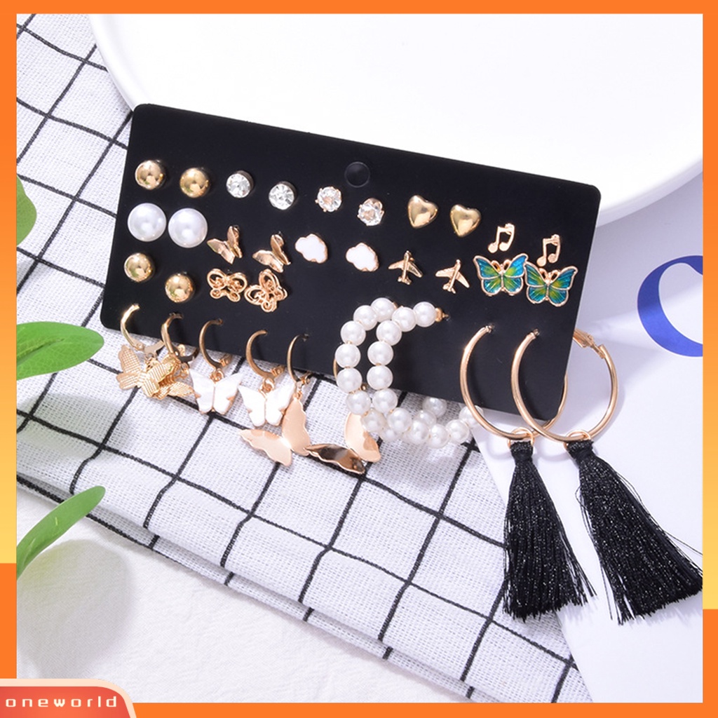 [WOD] 1set Anting Stud Set Gaya Bohemian Multi Bentuk Kupu-Kupu Mutiara Imitasi Rumbai Panjang Anting Gantung Set Perhiasan Pacaran