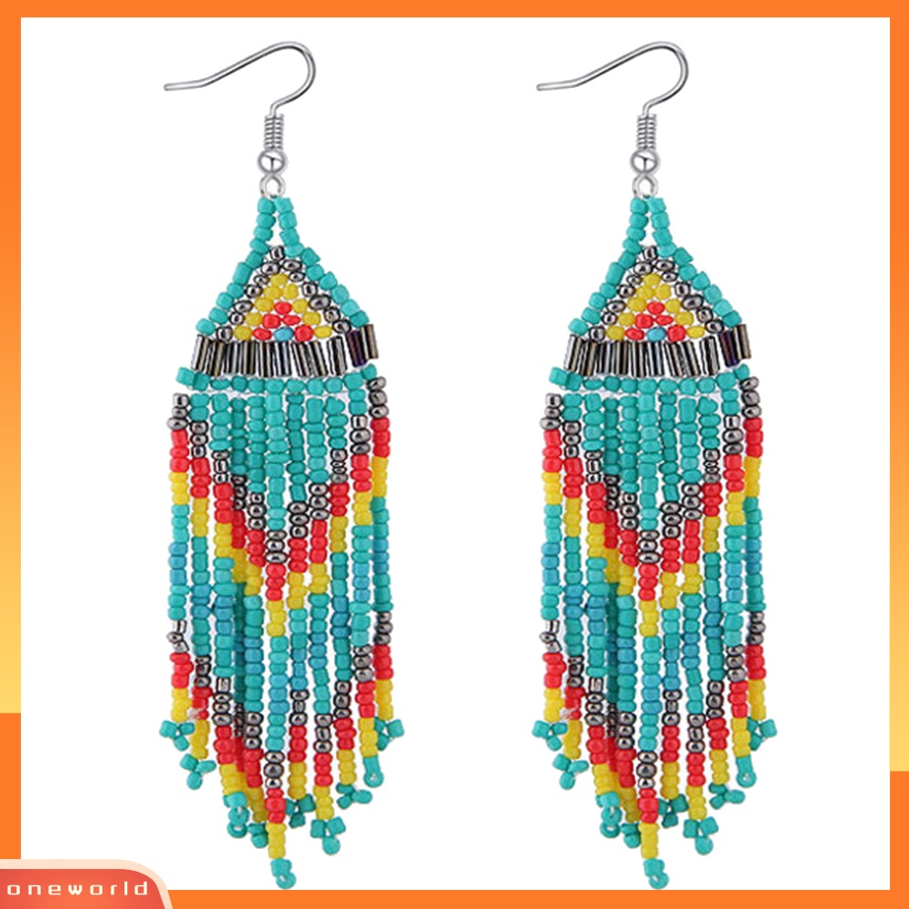 [WOD] Bohemian Wanita Pesta Multicolor Beads Drop Menjuntai Statement Earrings Perhiasan