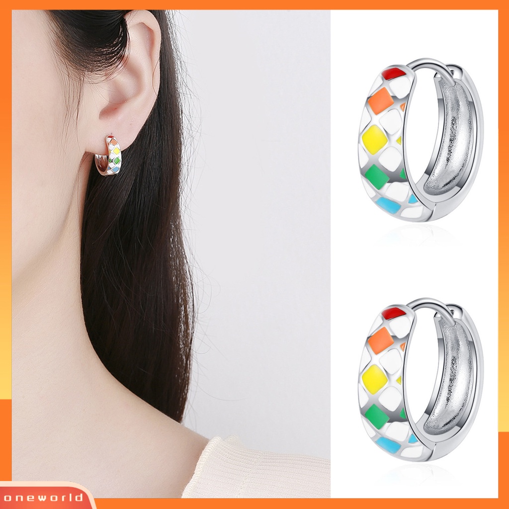 [WOD] 1pasang Anting Hoop Checkerboard Ear Buckle Female Gaya Korea Plaid Earrings Perhiasan Aksesoris