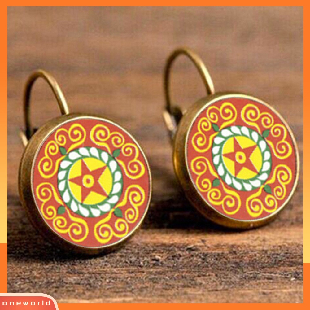 [WOD] Multicolor Mandala Bunga Lingkaran Permata Imitasi Ear Studs Wanita Leaverback Earrings