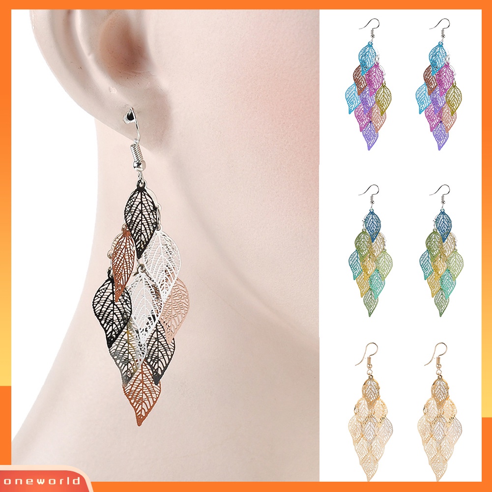 [WOD] Lady Colorful Multi Layers Daun Berongga Elegan Kait Anting Perhiasan Decor