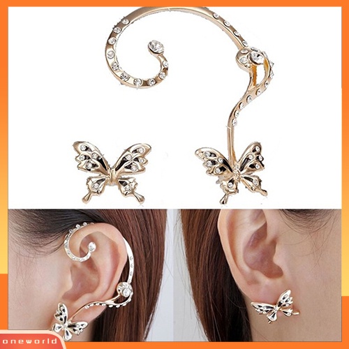 [WOD] Wanita Kupu-Kupu Berlian Imitasi Ear Stud Cuff Asymmetric Earrings Perhiasan Pesta